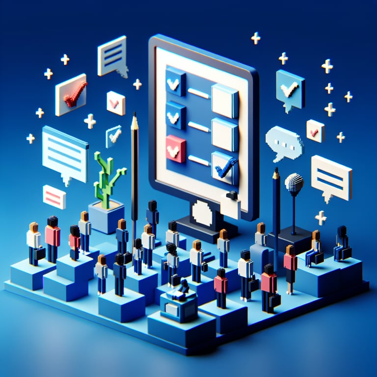 3D voxel art depicting online surveys with yes or no options, set against a dark blue background.
