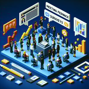 3D voxel art depicting online meeting feedback surveys, set against a dark blue background.