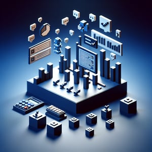 3D voxel art depicting online enps surveys on a dark blue background.
