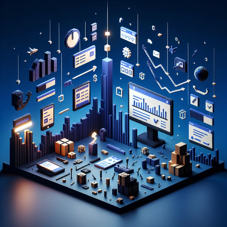 3D voxel art illustrating the concept of online forum surveys on a dark blue background.