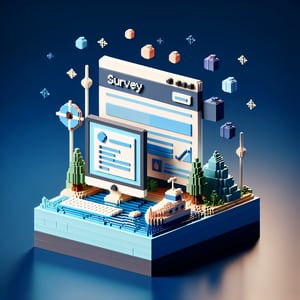3D voxel art of a boat with question marks, symbolizing online boat survey questions.