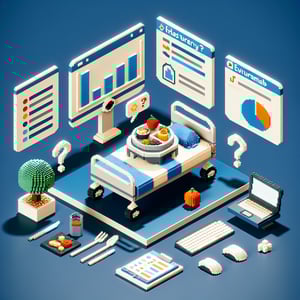 3D voxel art depicting online hospital food survey concept on a dark blue background.