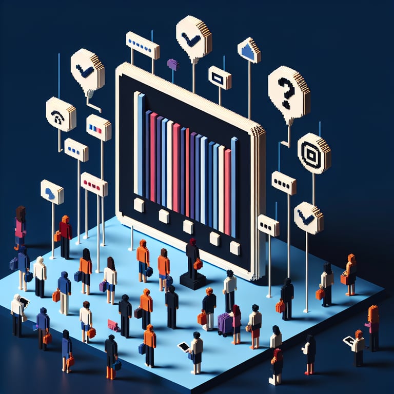 3D voxel art depicting online surveys on a smart board, set against a dark blue background.