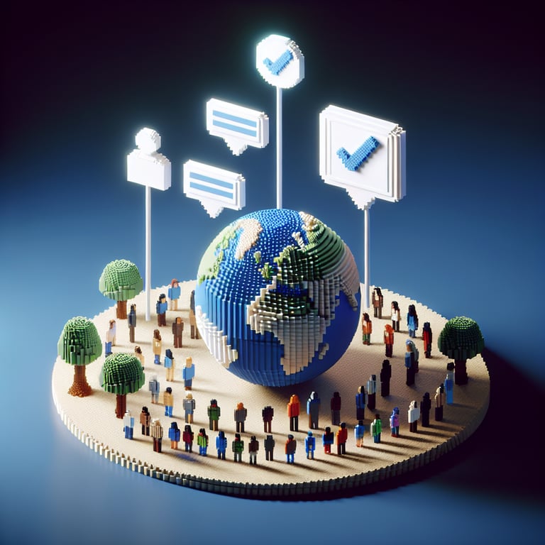 3D voxel art illustrating the concept of online diversity climate surveys on a dark blue background.