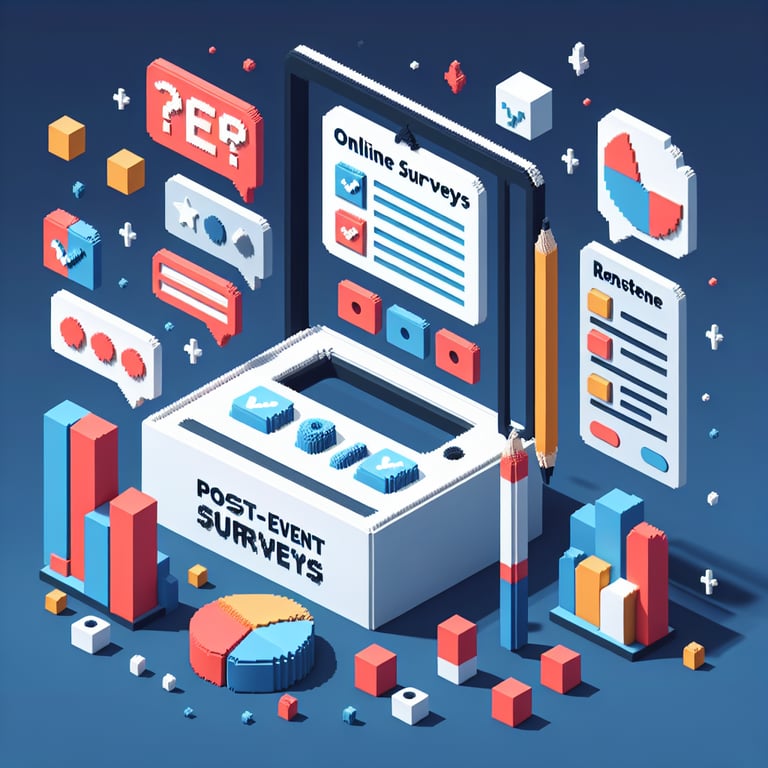3D voxel art depicting the concept of online post-event survey questions on a dark blue background.