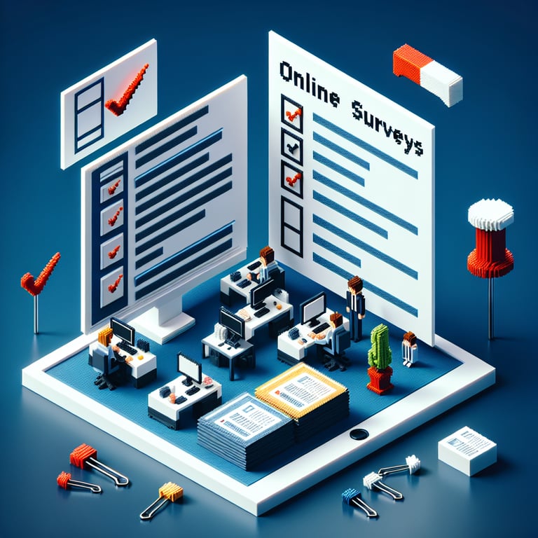 3D voxel art depicting online staff satisfaction surveys on a dark blue background.