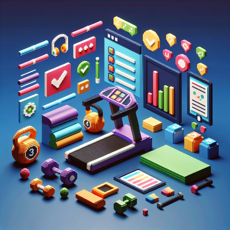 3D voxel art depicting online fitness center surveys on a dark blue background.