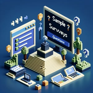 3D voxel art depicting online feedback surveys with dark blue background.