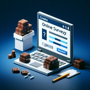 3D voxel art depicting an online survey concept, specifically about chocolate, on a dark blue background.