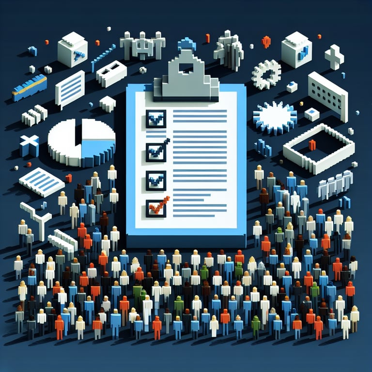 3D voxel art illustrating online surveys on race and ethnicity against a dark blue background.