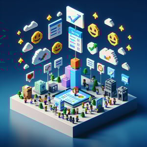3D voxel art depicting the concept of online b2b customer satisfaction surveys on a dark blue background.