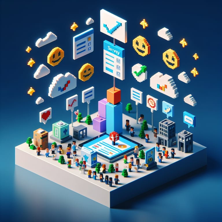 3D voxel art depicting the concept of online b2b customer satisfaction surveys on a dark blue background.