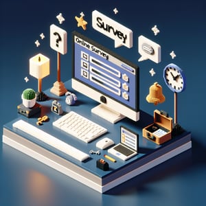 3D voxel art depicting online hotel feedback survey process on a dark blue background.