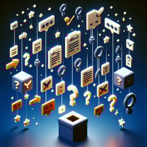3D voxel art depicting the concept of online persistence surveys against a dark blue background.