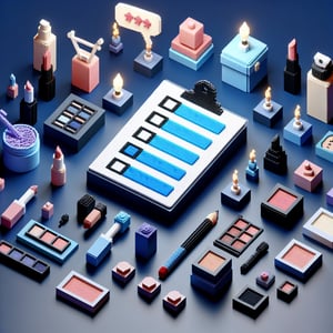 3D voxel art depicting online cosmetics survey with dark blue background.