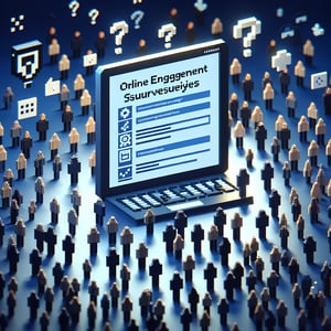 3D voxel art depicting online engagement surveys, featuring vibrant elements on a dark blue background.