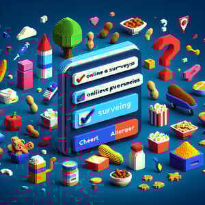3D voxel art depicting online food allergy survey concept on a dark blue background.