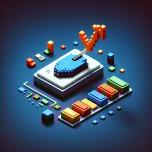 3D voxel art depicting the concept of online Kauffman firm surveys on a dark blue background.