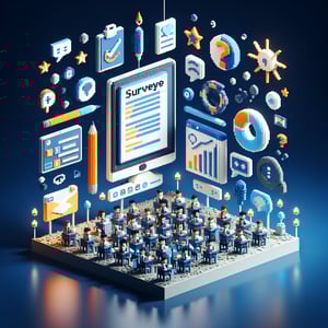 3D voxel art depicting online surveys, symbolizing asynchronous learning survey questions on a dark blue background.