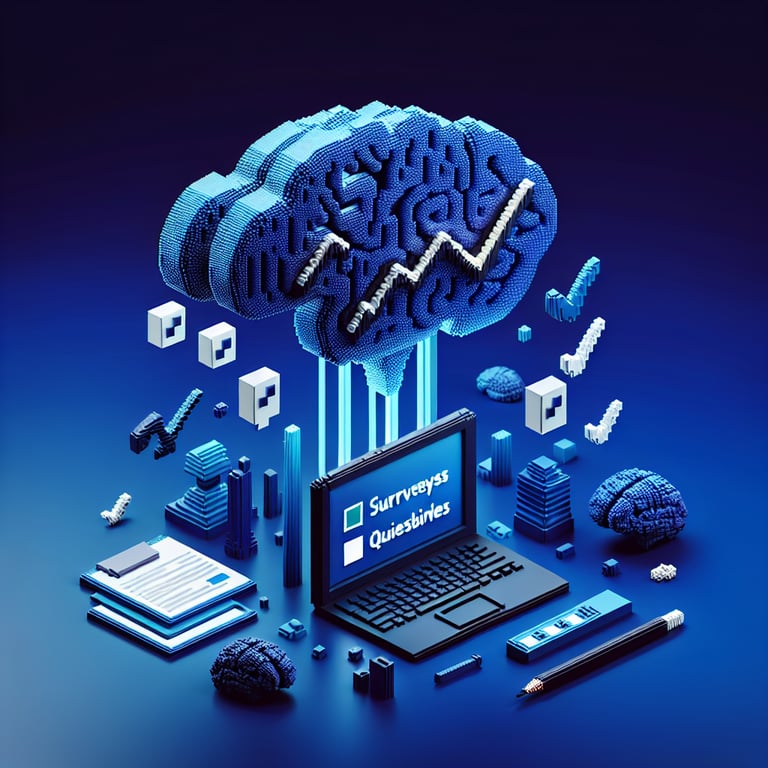 3D voxel art illustrating the concept of online cognitive surveys on a dark blue background.