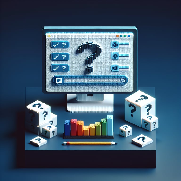 3D voxel art illustrating the concept of online guest satisfaction surveys on a dark blue background.