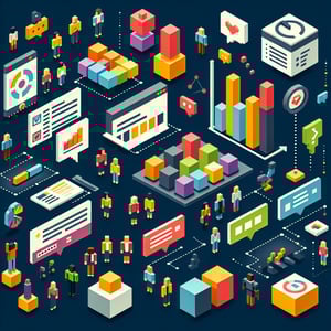 3D voxel art illustrating the concept of online core values surveys on a dark blue background.