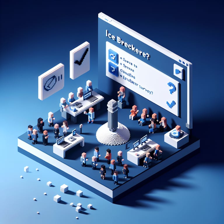 Creative 3D voxel illustrating interactive team icebreaker survey elements
