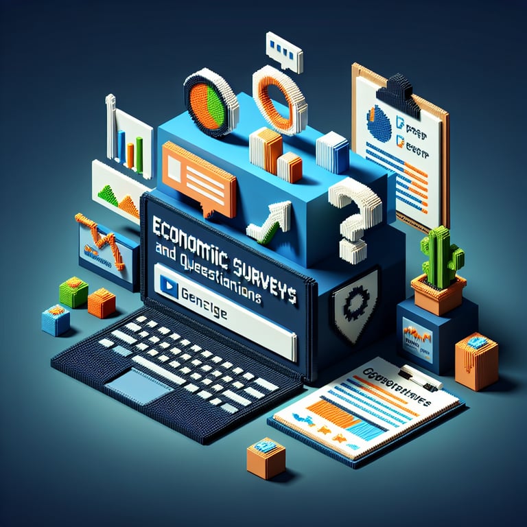 Artistic 3D voxel depicting economic survey exam question & answer flow
