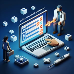 3D voxel art depicting online survey concept, with a dark blue background, for hcahps pain management survey.