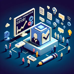 3D voxel art depicting online surveys, symbolizing social cognitive theory survey questions.