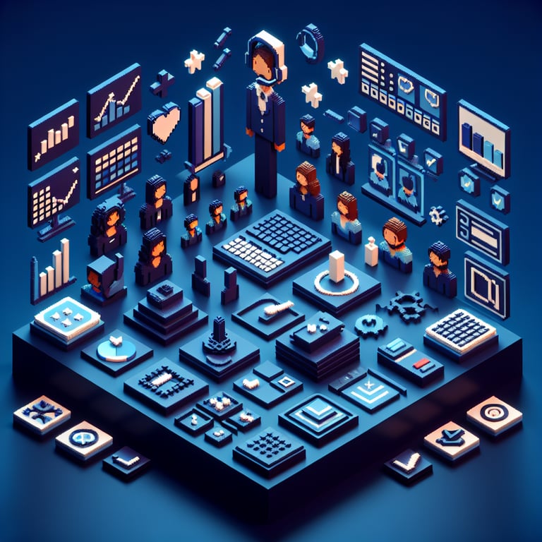 3D voxel art depicting online surveys with a dark blue background, symbolizing customer service improvement.