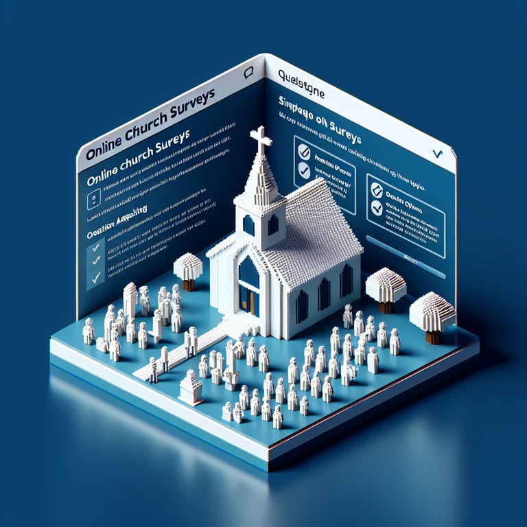 3D voxel art depicting the concept of online church surveys on a dark blue background.