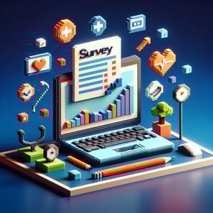 3D voxel art depicting online health care surveys, set against a dark blue background.