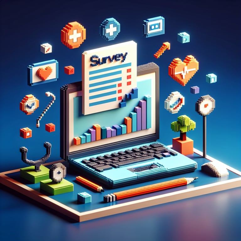 3D voxel art depicting online health care surveys, set against a dark blue background.