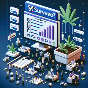 3D voxel art representing online cannabis surveys on a dark blue background.