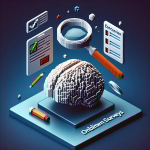 3D voxel art depicting online concussion survey questions on a dark blue background.