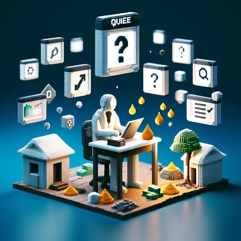 3D voxel artwork representing a poverty questionnaire visualization in navy and teal.