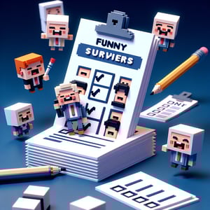 3D voxel art depicting humorous online multiple choice surveys on a dark blue background.