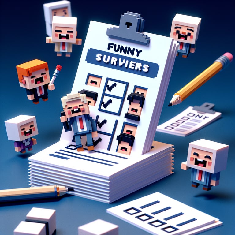 3D voxel art depicting humorous online multiple choice surveys on a dark blue background.