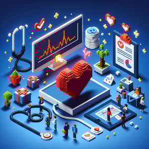 3D voxel art depicting online cardiovascular disease survey concept on a dark blue background.