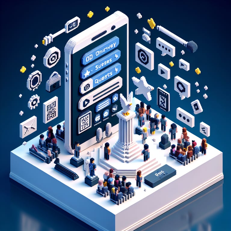 3D voxel art depicting the concept of entertainment mobile app surveys on a dark blue background.