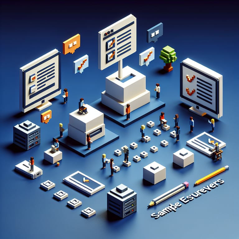 3D voxel art depicting online employee surveys against a dark blue background.