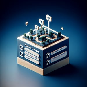 3D voxel art depicting the concept of online demographic surveys on a dark blue background.