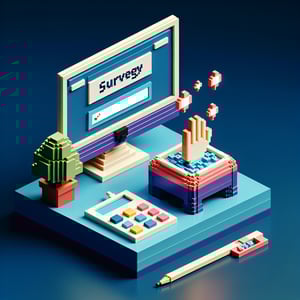 3D voxel art depicting online massage survey concept on a dark blue background.