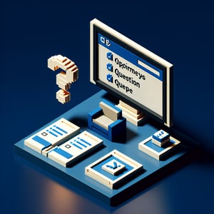 3D voxel art depicting online appointment surveys with a dark blue background.