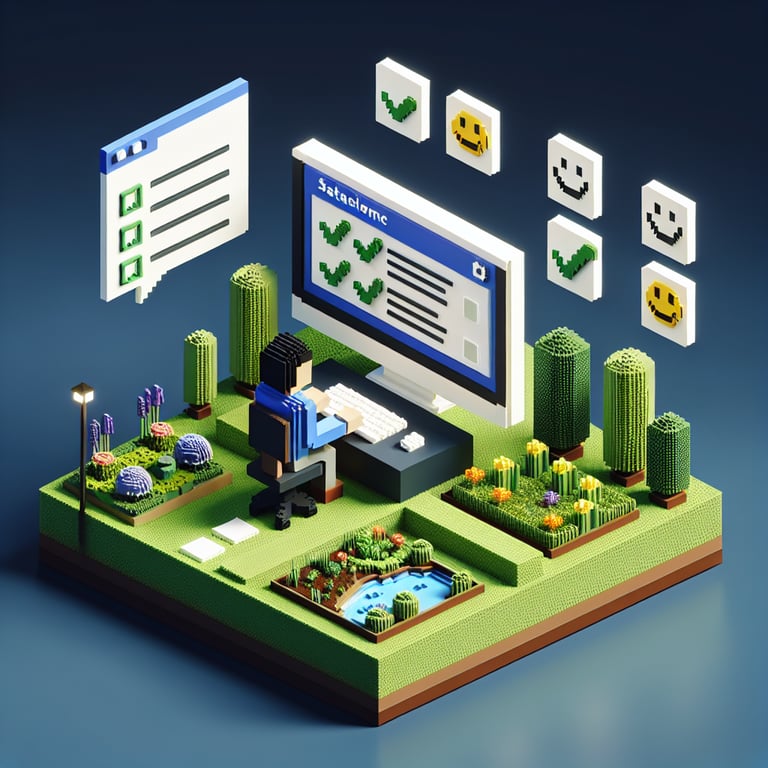 3D voxel art depicting an online landscaping customer satisfaction survey on a dark blue background.