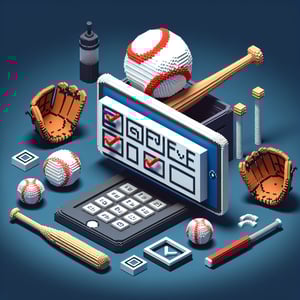 3D voxel art depicting online baseball survey concept on a dark blue background.