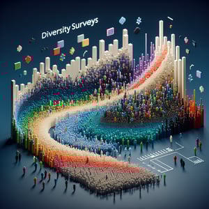 3D voxel art showing online diversity surveys with a dark blue background.