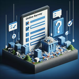 3D voxel art depicting online plastic waste survey concept on a dark blue background.