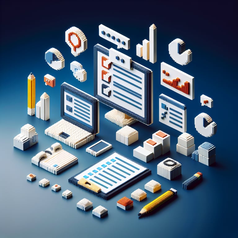 3D voxel art depicting the concept of online surveys and questions on a dark blue background.